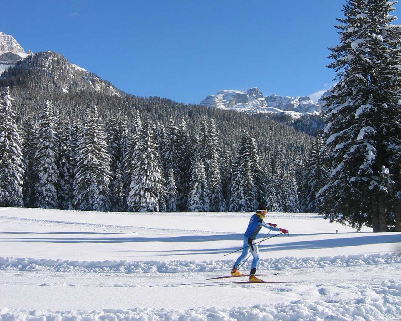 Sciatore su percorsi da fondo sulle nevi di Madonna di Campiglio
